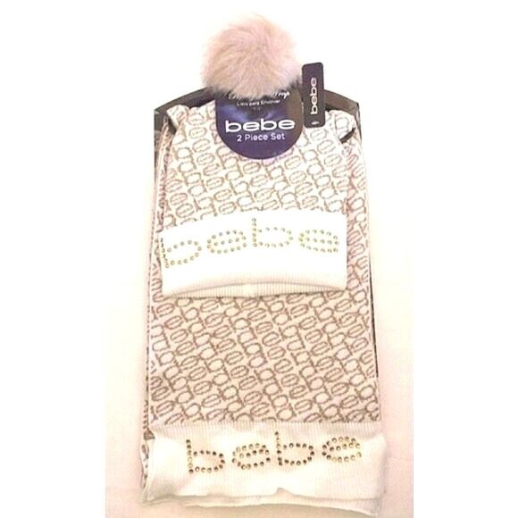 New! BEBE Logo Scarf & Pom Pom Beanie Hat Set 2-Piece With Gift Box Cream Gold - Picture 3 of 5